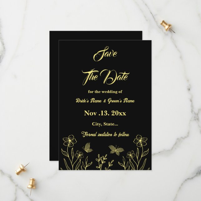 Romantic elegant gold flower black wedding save the date (Front/Back In Situ)