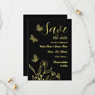 Romantic elegant gold flower black wedding save the date