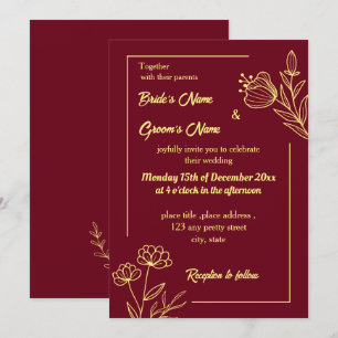 Romantic elegant gold flower burgundy invitation