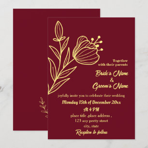 Romantic elegant gold flower burgundy invitation