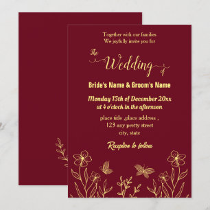 Romantic elegant gold flower burgundy invitation