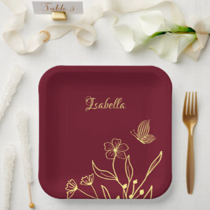 Romantic elegant gold flower burgundy paper plate