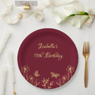 Romantic elegant gold flower burgundy paper plate