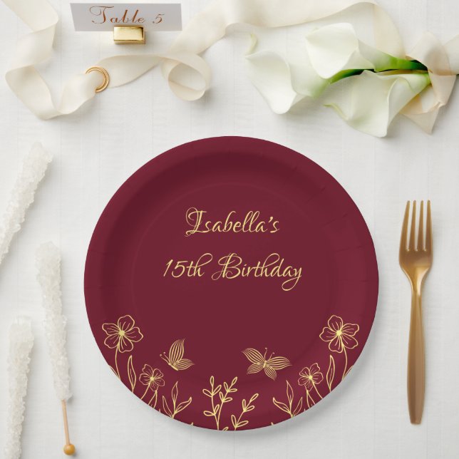 Romantic elegant gold flower burgundy paper plate (Wedding)