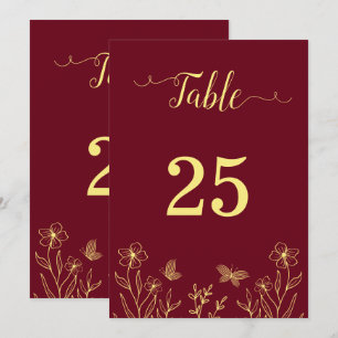 Romantic elegant gold flower burgundy table number