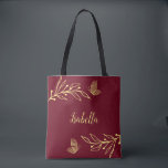 Romantic elegant gold flower burgundy tote bag<br><div class="desc">Unique simple tote bag featuring romantic and elegant gold flowers on burgundy background
FOR MORE MATCHING PRODUCTS click on the collection above or contact me.</div>