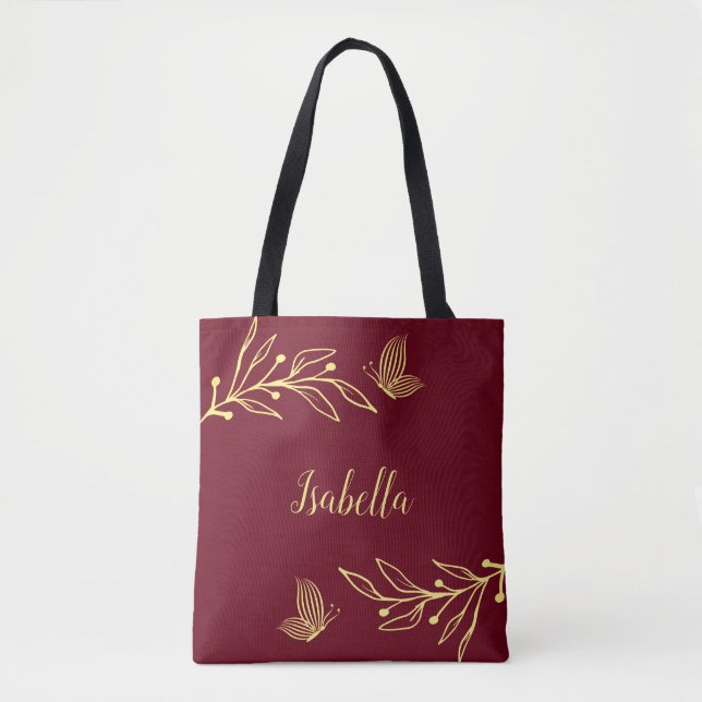 Romantic elegant gold flower burgundy tote bag (Front)