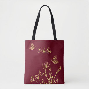 Romantic elegant gold flower burgundy tote bag