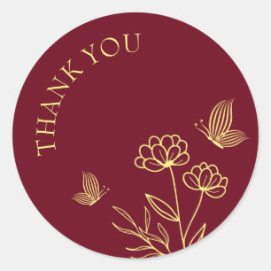 Romantic elegant gold flower burgundy wedding classic round sticker