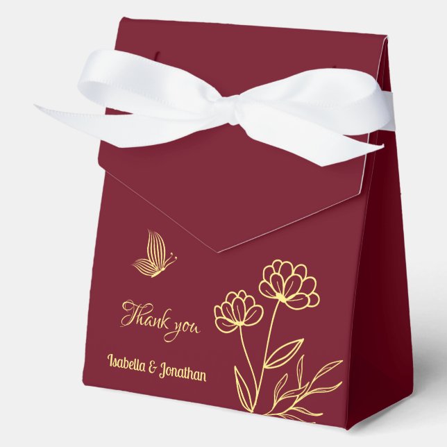 Romantic elegant gold flower burgundy wedding favour box (Front)