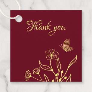 Romantic elegant gold flower burgundy wedding favour tags