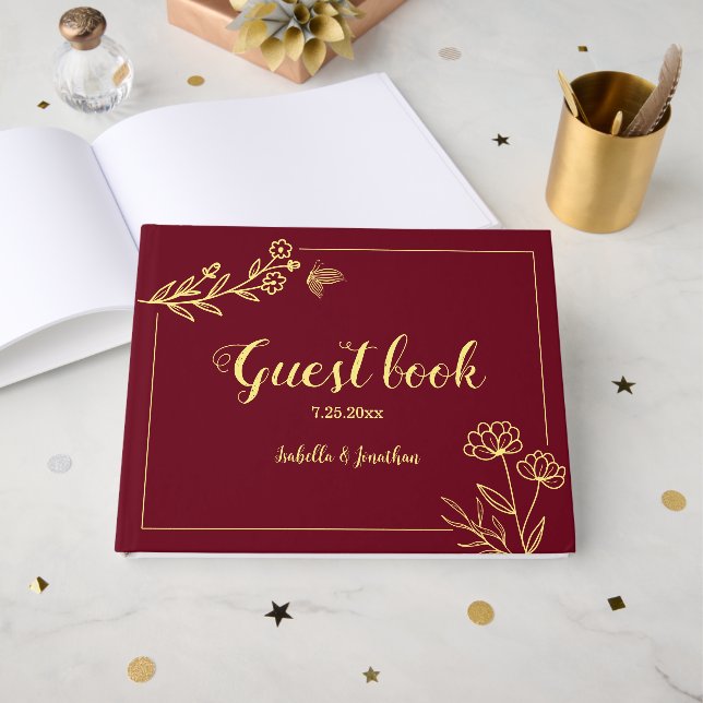 Romantic elegant gold flower burgundy wedding guest book (Front Open)