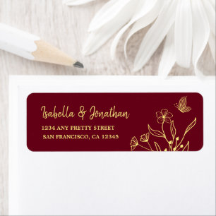Romantic elegant gold flower burgundy wedding return address label