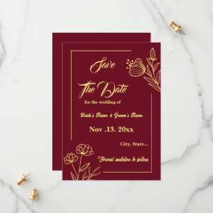 Romantic elegant gold flower burgundy wedding save the date