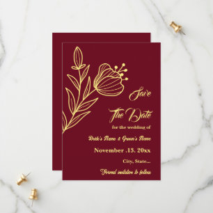 Romantic elegant gold flower burgundy wedding save the date