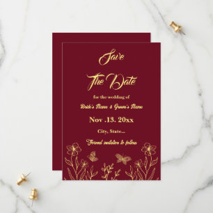 Romantic elegant gold flower burgundy wedding save the date