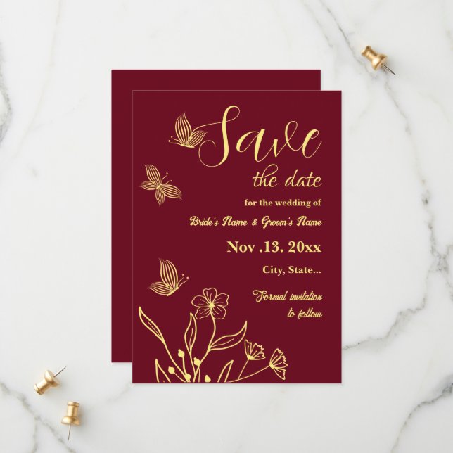 Romantic elegant gold flower burgundy wedding save the date (Front/Back In Situ)