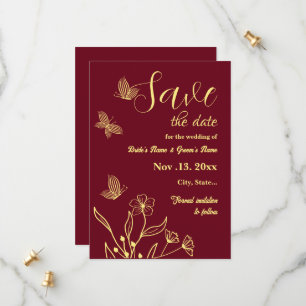 Romantic elegant gold flower burgundy wedding save the date