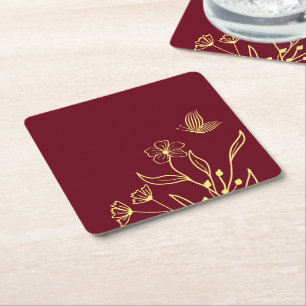 Romantic elegant gold flower burgundy wedding square paper coaster