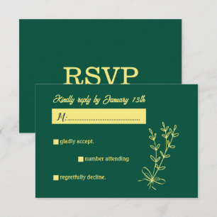 Romantic elegant gold flower emerald green wedding RSVP card