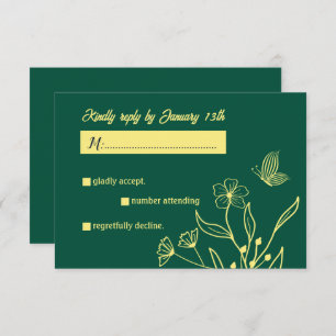 Romantic elegant gold flower emerald green wedding RSVP card