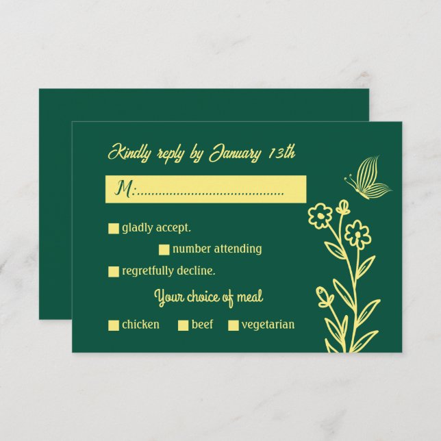 Romantic elegant gold flower emerald green wedding RSVP card (Front/Back)