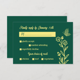 Romantic elegant gold flower emerald green wedding RSVP card