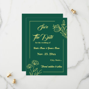 Romantic elegant gold flower emerald green wedding save the date