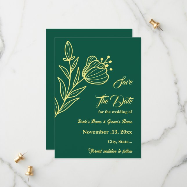 Romantic elegant gold flower emerald green wedding save the date (Front/Back In Situ)