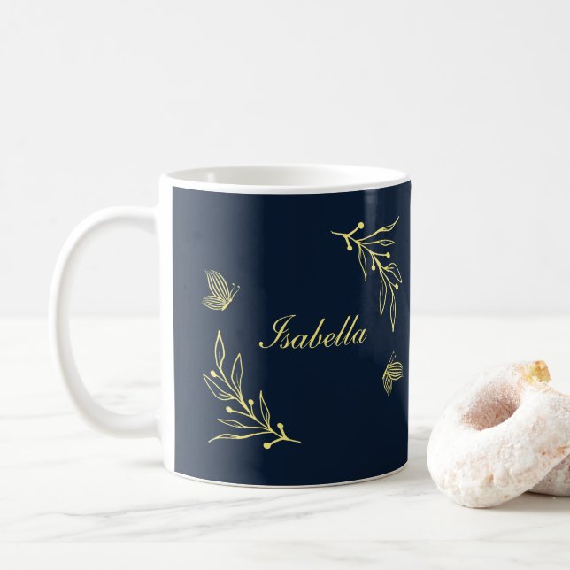 Romantic elegant gold flower navy  coffee mug (With Donut)