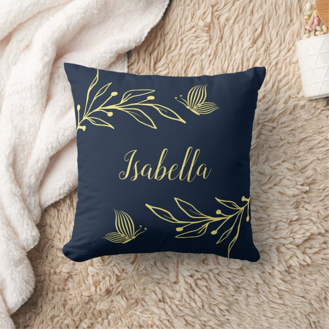 Romantic elegant gold flower navy cushion (Blanket)