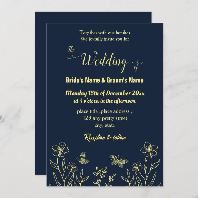 Romantic elegant gold flower navy invitation (Front/Back)