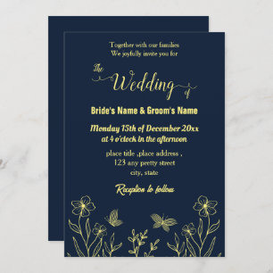 Romantic elegant gold flower navy invitation