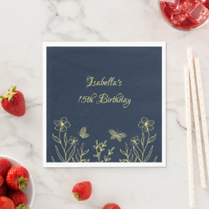 Romantic elegant gold flower navy napkin