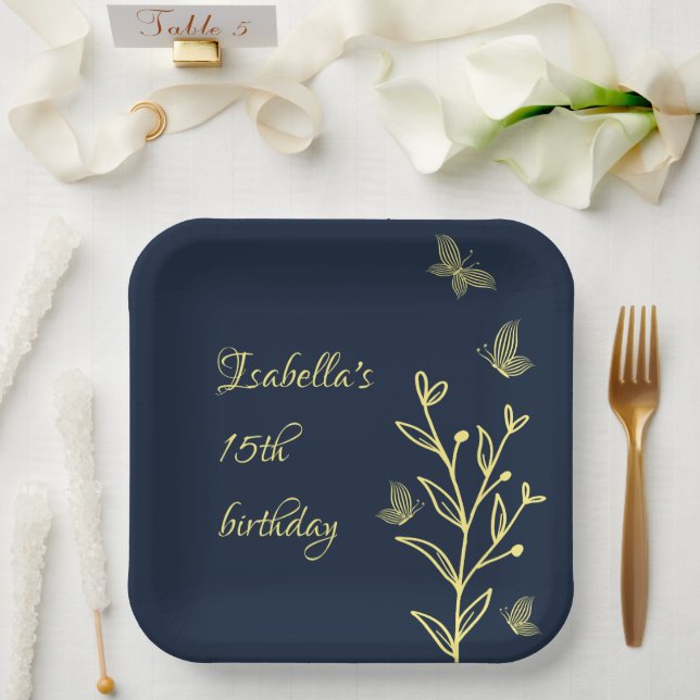 Romantic elegant gold flower navy paper plate (Wedding)