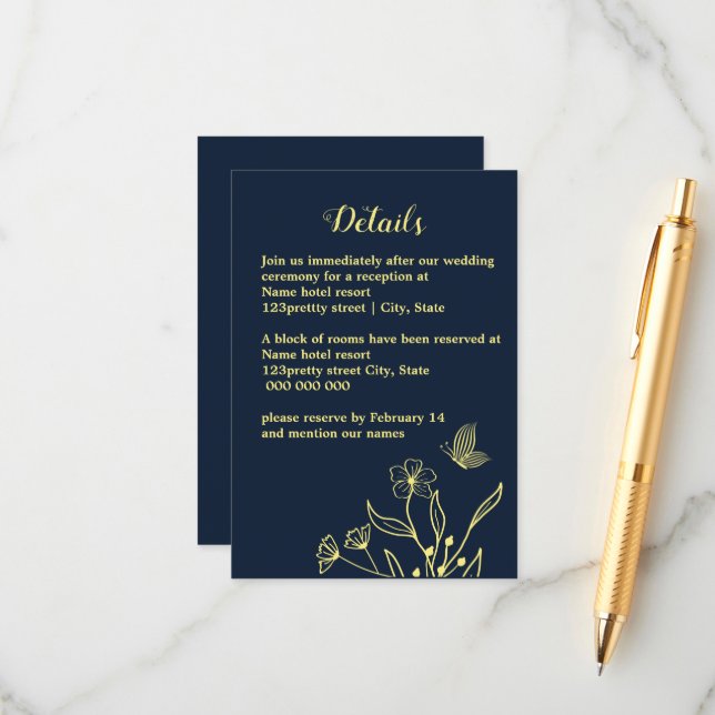 Romantic elegant gold flower navy wedding enclosure card (Front/Back In Situ)