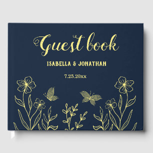 Romantic elegant gold flower navy wedding guest book