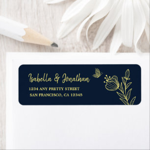 Romantic elegant gold flower navy wedding return address label