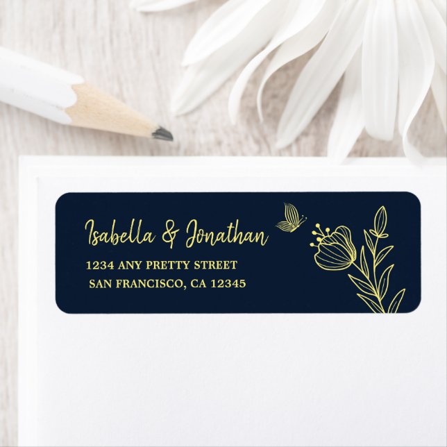 Romantic elegant gold flower navy wedding return address label (Insitu)