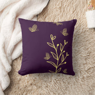 Romantic elegant gold flower purple cushion