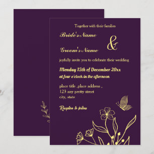 Romantic elegant gold flower purple invitation