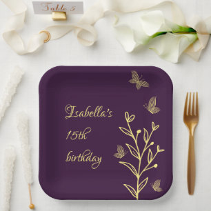 Romantic elegant gold flower purple paper plate