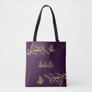 Romantic elegant gold flower purple tote bag