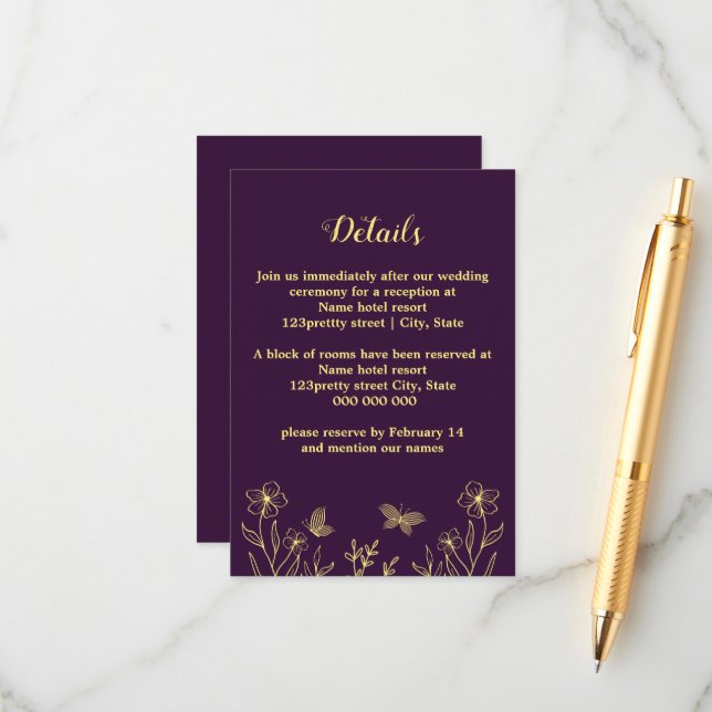 Romantic elegant gold flower purple wedding enclosure card (Front/Back In Situ)