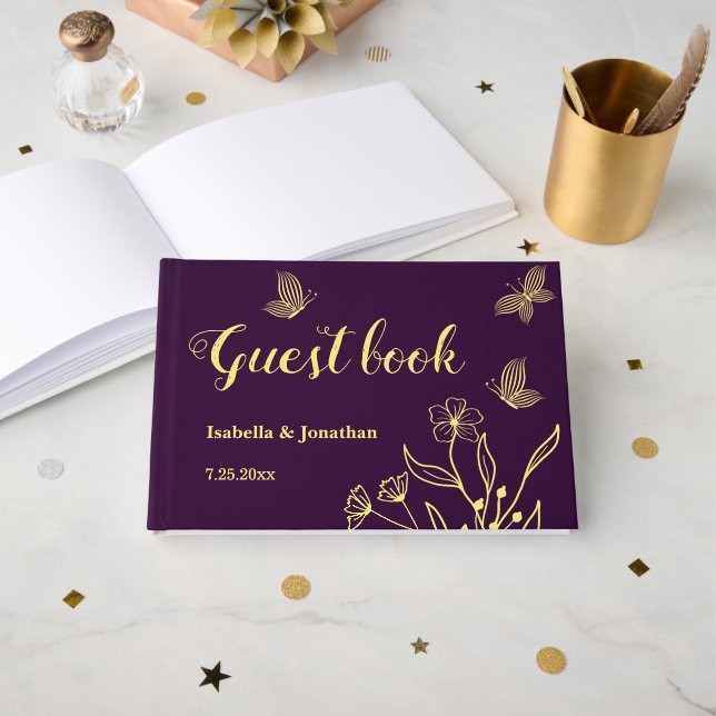 Romantic elegant gold flower purple wedding guest book (Front Open)