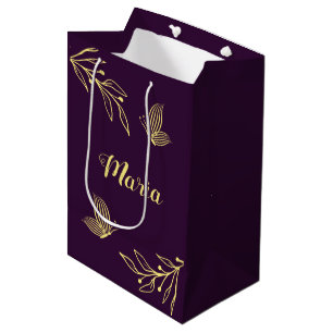 Romantic elegant gold flower purple wedding medium gift bag
