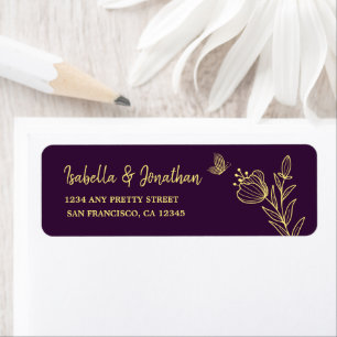 Romantic elegant gold flower purple wedding return address label