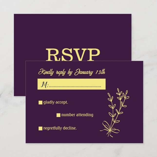 Romantic elegant gold flower purple wedding RSVP card (Front/Back)