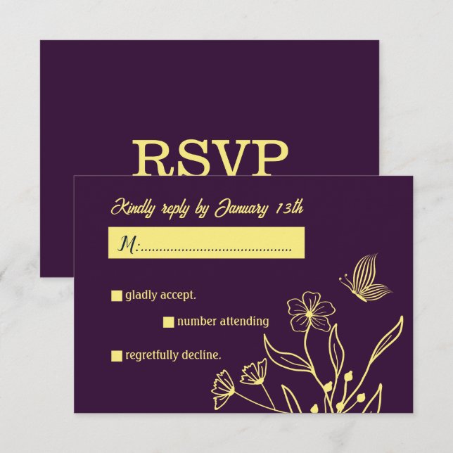 Romantic elegant gold flower purple wedding RSVP card (Front/Back)