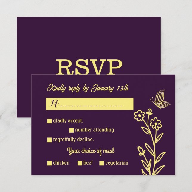 Romantic elegant gold flower purple wedding RSVP card (Front/Back)